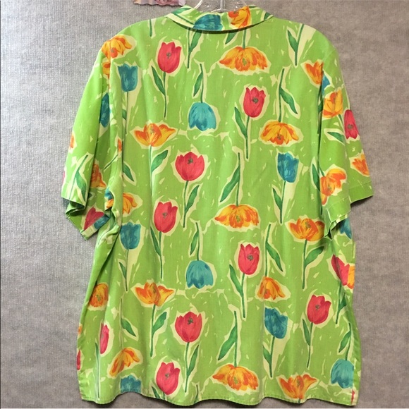 BOBBIE BROOKS PLUS BUTTON UP TOP 38 FLORAL TULIPS SHORT SLEEVE ARTSY PINK GREEN - Picture 2 of 7
